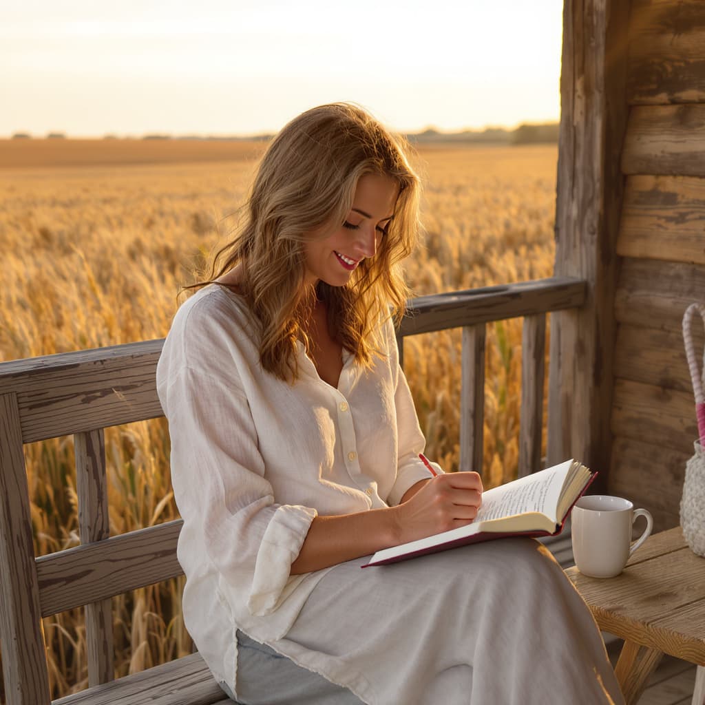 Amber seated on a porch with an open journal and a mug beside her.